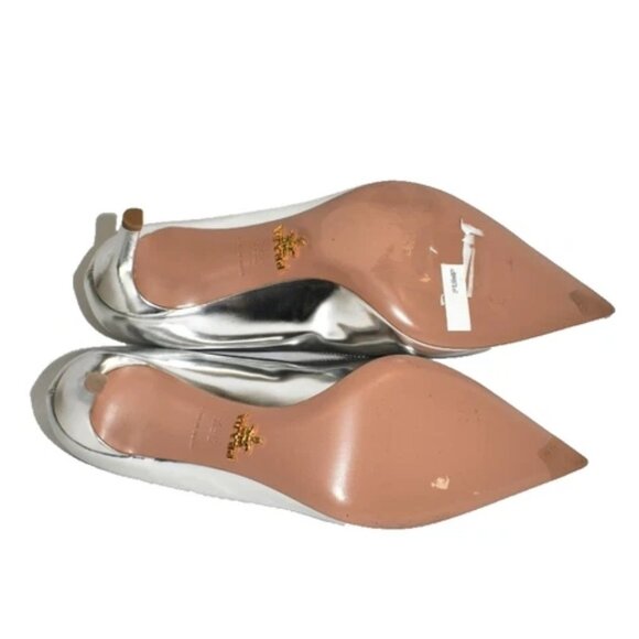 $950 PRADA Saffiano Leather Pump POINTY TOE ICONIC HEEL SILVER 36.5 (MG19) - Picture 7 of 8